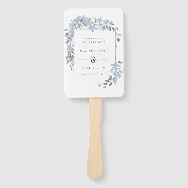 Blue Hydrangeas Frame Watercolor Wedding Program Hand Fan (Front)