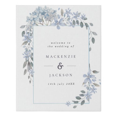 Blue Hydrangeas Frame Watercolor Wedding Welcome Faux Canvas Print