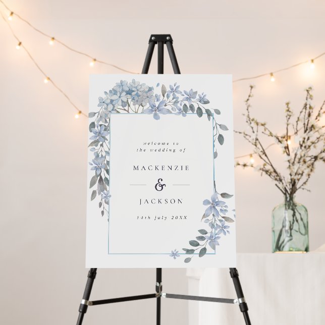 Blue Hydrangeas Frame Watercolor Wedding Welcome Foam Board (In Situ (Stand))