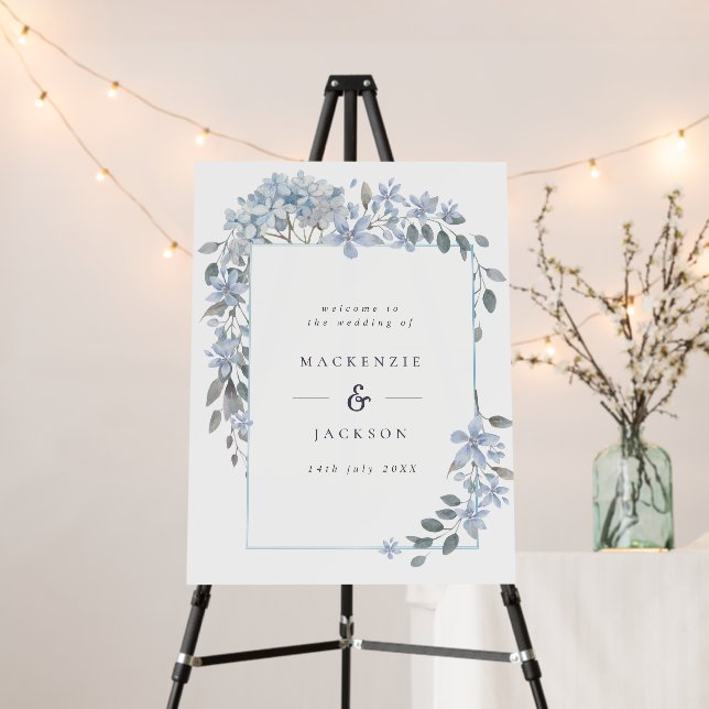 Blue Hydrangeas Frame Watercolor Wedding Welcome  Foam Board (In Situ (Stand))
