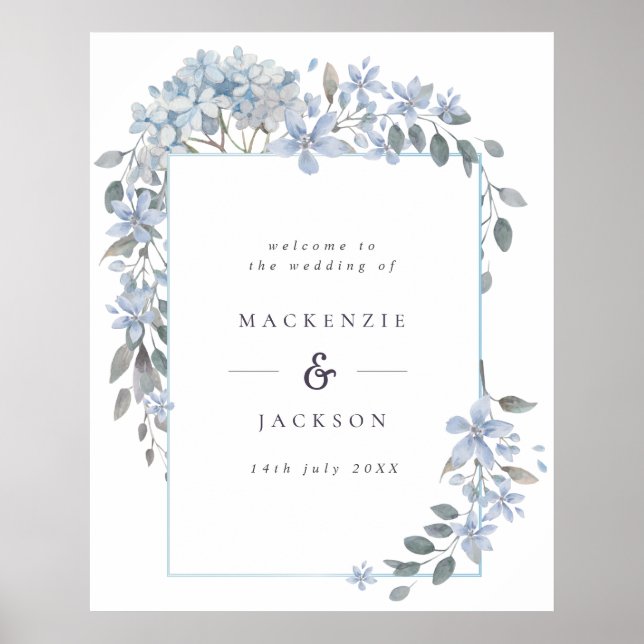 Blue Hydrangeas Frame Watercolor Wedding Welcome Poster (Front)