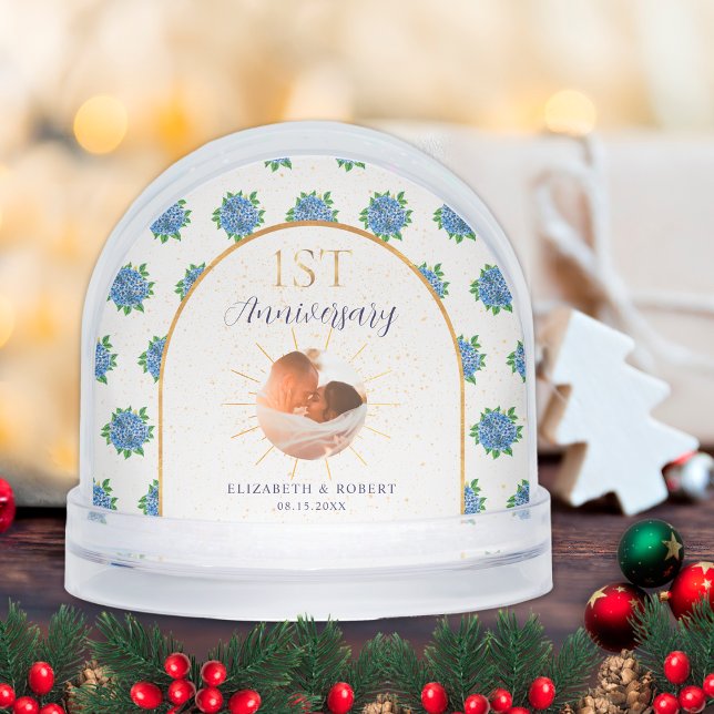 Blue Hydrangeas Gold Custom Photo 1st Anniversary Snow Globe (Creator Uploaded)