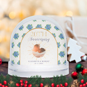 Blue Hydrangeas Gold Custom Photo 20th Anniversary Snow Globe