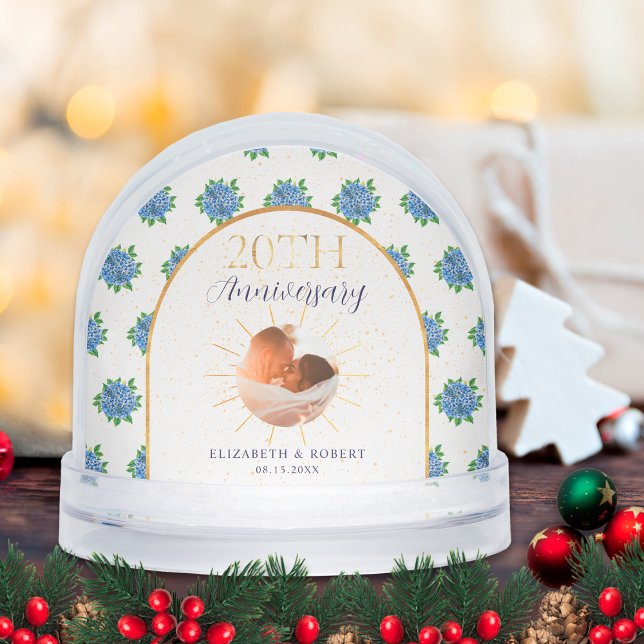 Blue Hydrangeas Gold Custom Photo 20th Anniversary Snow Globe (Creator Uploaded)