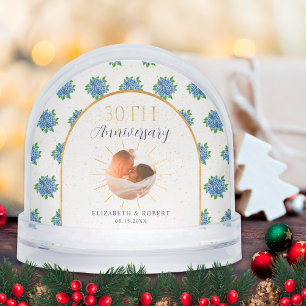 Blue Hydrangeas Gold Custom Photo 30th Anniversary Snow Globe