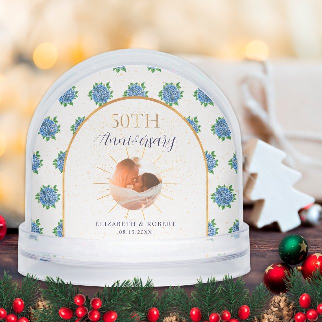 Blue Hydrangeas Gold Custom Photo 50th Anniversary Snow Globe (Creator Uploaded)
