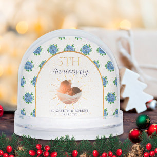 Blue Hydrangeas Gold Custom Photo 5th Anniversary Snow Globe