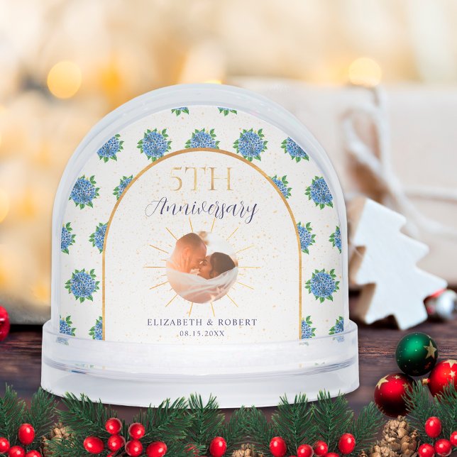 Blue Hydrangeas Gold Custom Photo 5th Anniversary Snow Globe (Creator Uploaded)