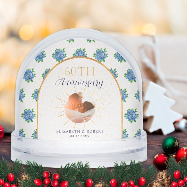 Blue Hydrangeas Gold Custom Photo 60th Anniversary Snow Globe (Creator Uploaded)