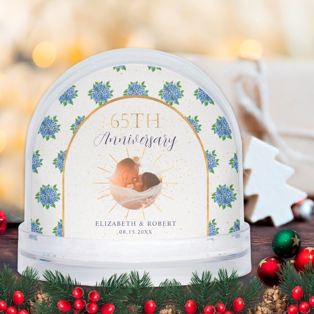 Blue Hydrangeas Gold Custom Photo 65th Anniversary Snow Globe (Creator Uploaded)