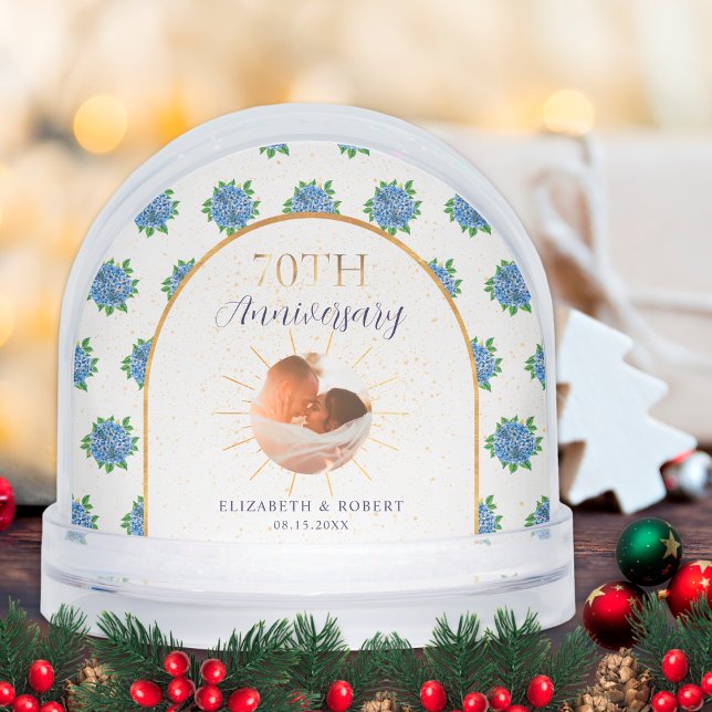 Blue Hydrangeas Gold Custom Photo 70th Anniversary Snow Globe (Creator Uploaded)