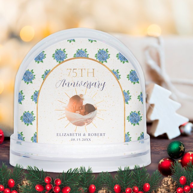 Blue Hydrangeas Gold Custom Photo 75th Anniversary Snow Globe (Creator Uploaded)