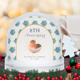 Blue Hydrangeas Gold Custom Photo Anniversary Snow Globe