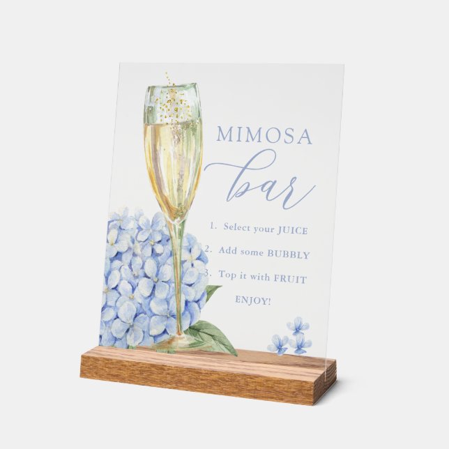 Blue Hydrangeas & Gold Glass Mimosa Bar Acrylic Sign (Angle)
