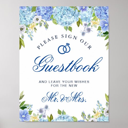 Blue Hydrangeas Greenery Sign Our Guestbook Poster