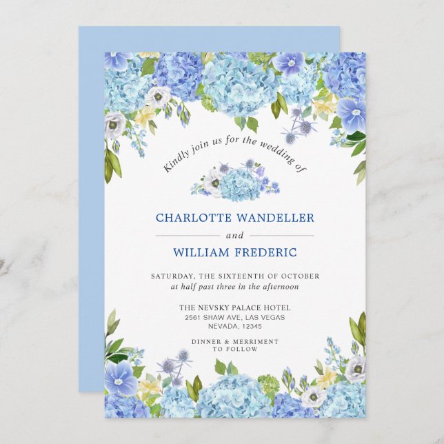Blue Hydrangeas Greenery Watercolor Wedding Invitation (Front/Back)