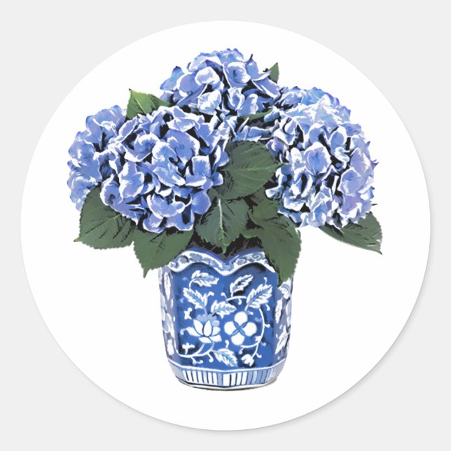 Blue Hydrangeas in a Floral Ceramic Pot Classic Round Sticker (Front)