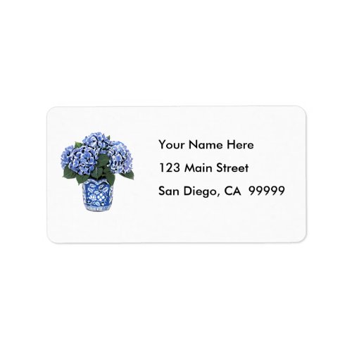 Blue Hydrangeas in a Floral Ceramic Pot Label