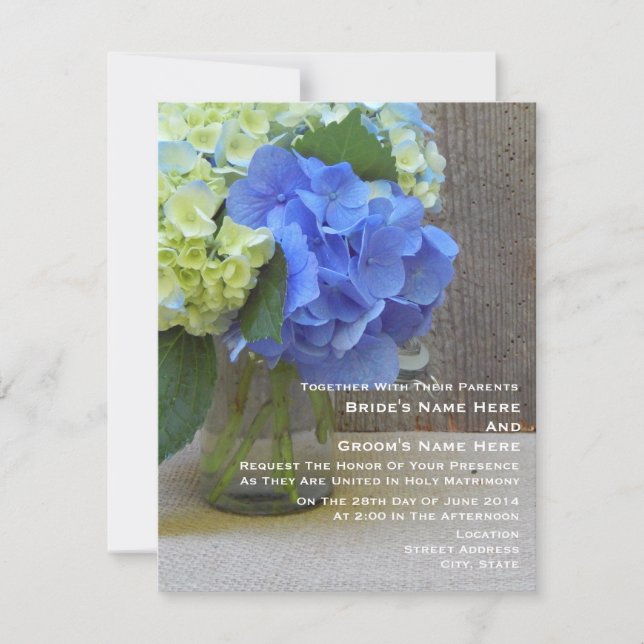 Blue Hydrangeas In A Mason Jar Wedding Invitation (Front)