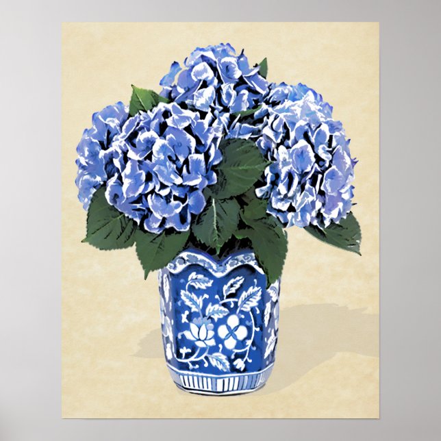 Blue Hydrangeas in Blue Pot on Parchment Paper Poster (Front)