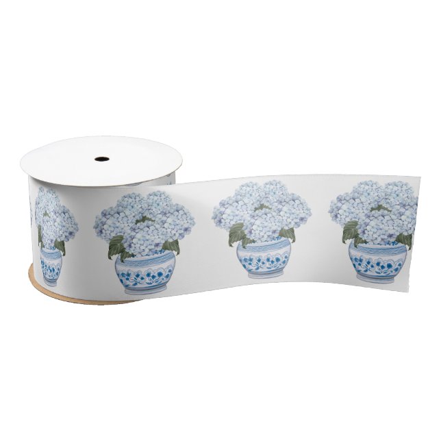 Blue Hydrangeas in Chinoiserie Pot  Satin Ribbon (Spool)