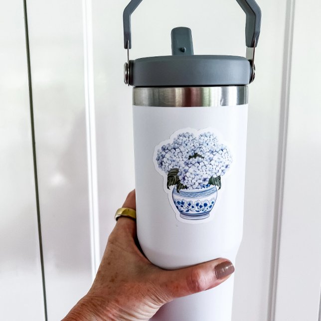 Blue Hydrangeas in Chinoiserie Pot Vinyl Sticker (blue hydrangea chinoiserie die cut vinyl sticker)