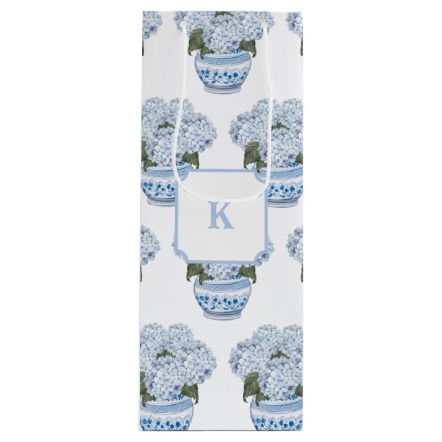 Blue Hydrangeas in Chinoiserie Pot  Wine Gift Bag (Front)