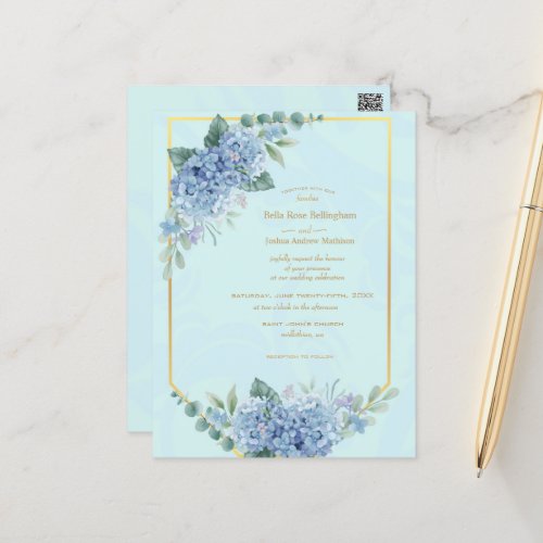 Blue Hydrangeas in Frame Wedding in Blue Postcard