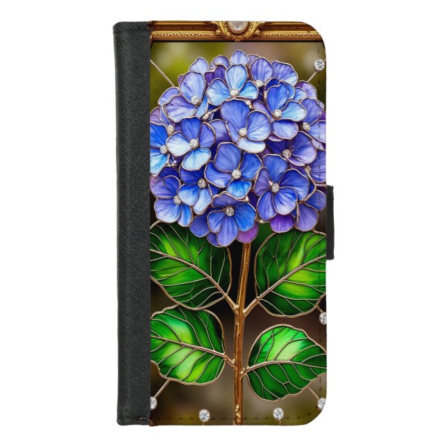 Blue Hydrangeas in Gold Ornate Frame iPhone Wallet Case (Front)