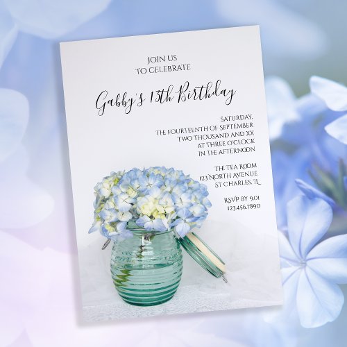 Blue Hydrangeas in Jar Vase Birthday Party Invitation