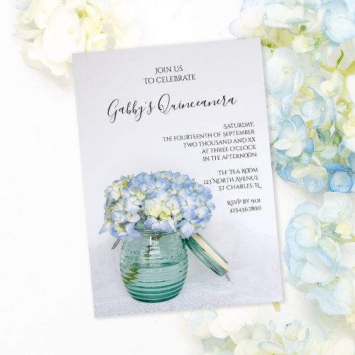 Blue Hydrangeas in Jar Vase Quinceanera Party Invitation