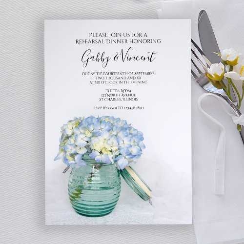 Blue Hydrangeas in Vase Wedding Rehearsal Dinner Invitation