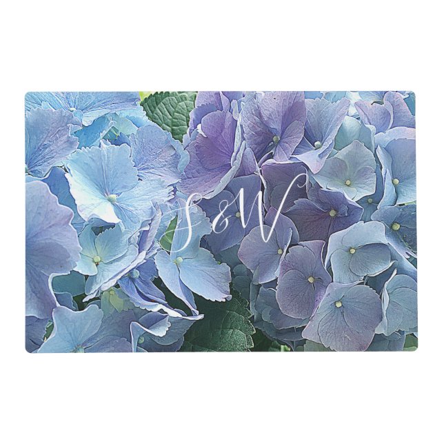 Blue Hydrangeas Light Initials Laminated Placemat (Front)