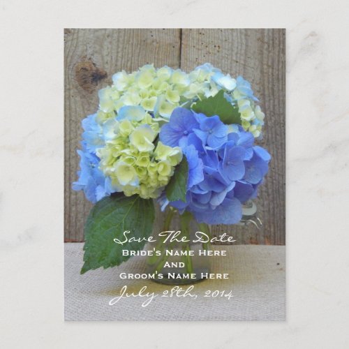 Blue Hydrangeas Mason Jar Save The Date Postcard