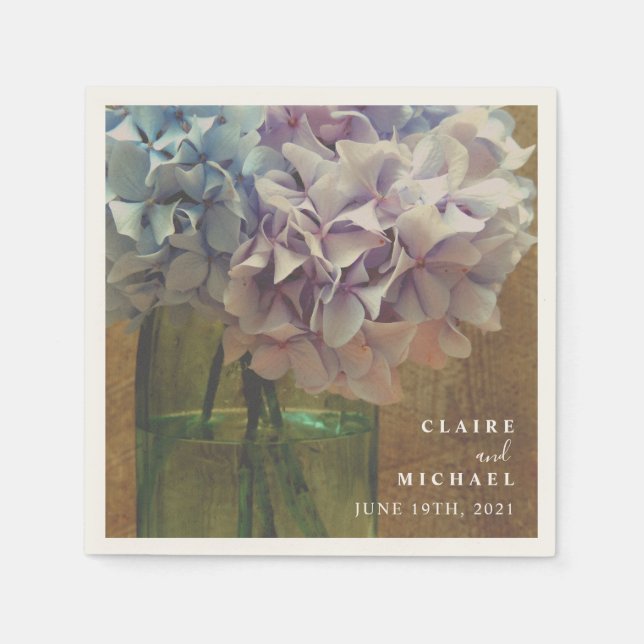 Blue Hydrangeas Mason Jar Wedding Napkins (Front)