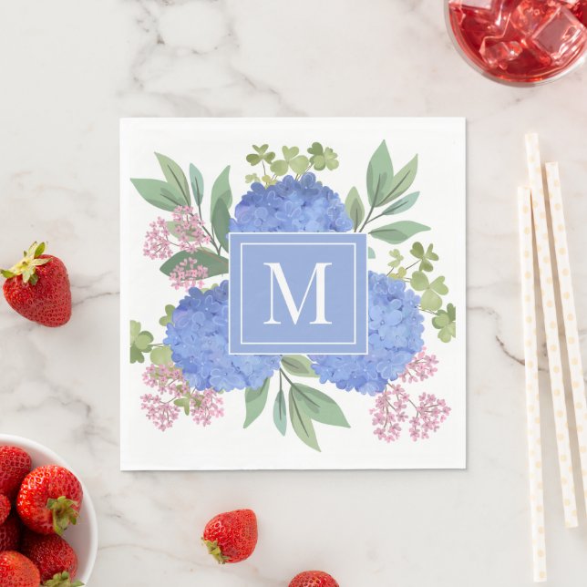 Blue Hydrangeas Modern Bouquet Custom Monogram  Napkins (Insitu)
