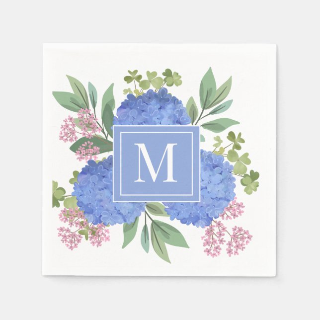 Blue Hydrangeas Modern Bouquet Custom Monogram  Napkins (Front)