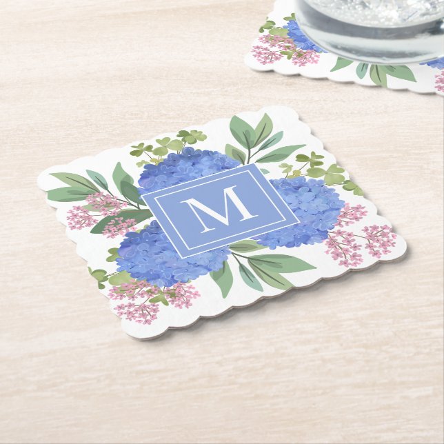 Blue Hydrangeas Modern Bouquet Custom Monogram  Paper Coaster (Angled)