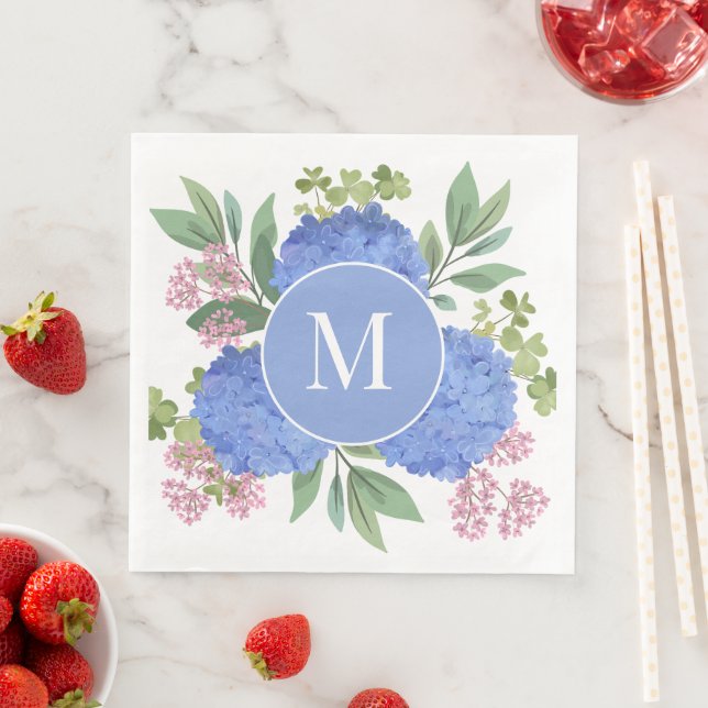 Blue Hydrangeas Modern Bouquet Custom Monogram  Paper Dinner Napkins (Insitu)