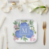 Blue Hydrangeas Modern Bouquet Custom Monogram