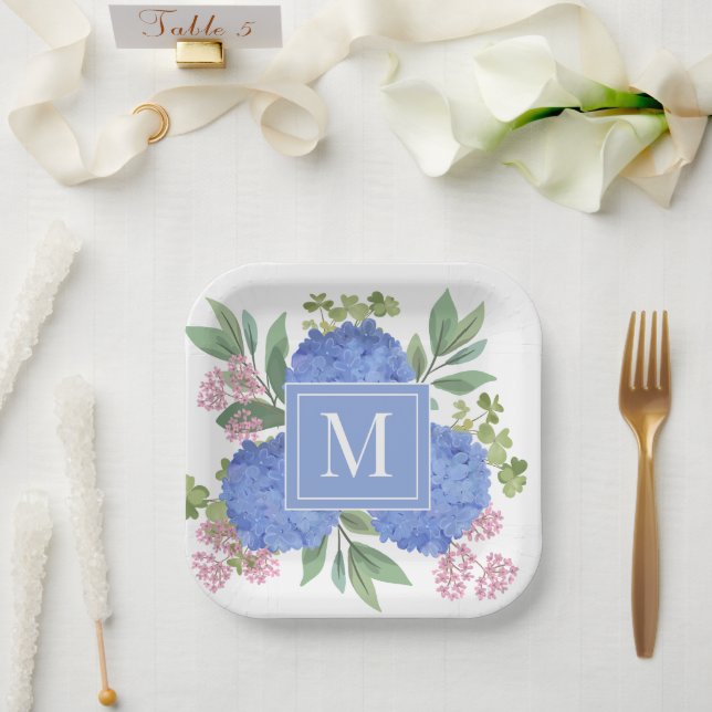 Blue Hydrangeas Modern Bouquet Custom Monogram  Paper Plates (Wedding)