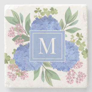 Blue Hydrangeas Modern Bouquet Custom Monogram  Stone Coaster
