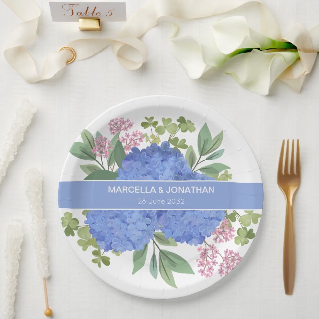 Blue Hydrangeas Modern Bouquet Custom  Paper Plates (Wedding)