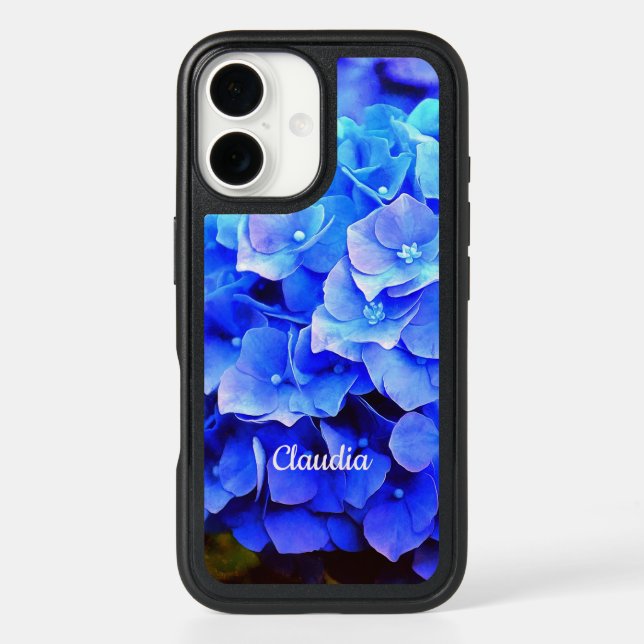 Blue Hydrangeas Monogrammed Floral OtterBox iPhone 16 Case (Back)