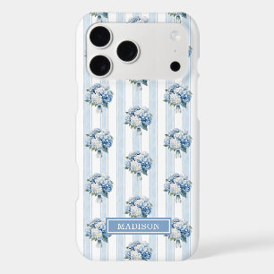 Blue Hydrangeas on Stripes iPhone 17 Pro Max Case