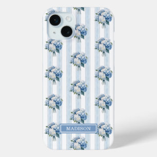 Blue Hydrangeas on Stripes iPhone 15 Plus Case
