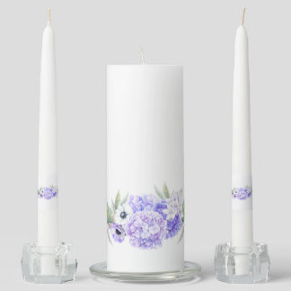 Blue Hydrangeas Pale Lavender Eucalyptus Greenery Unity Candle Set