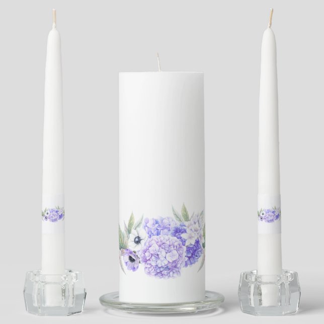Blue Hydrangeas Pale Lavender Eucalyptus Greenery Unity Candle Set (Front)