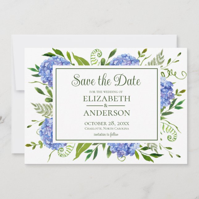 Blue Hydrangeas Photo Save The Date (Front)