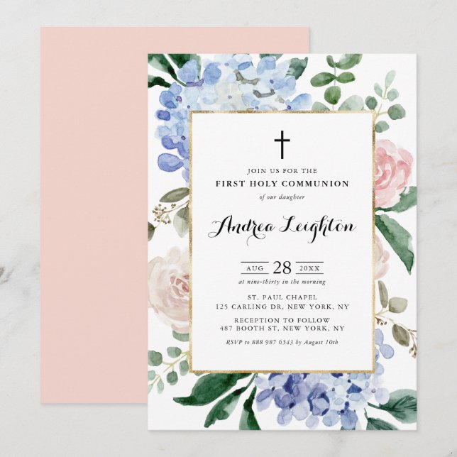 Blue Hydrangeas & Pink Roses First Holy Communion Invitation (Front/Back)